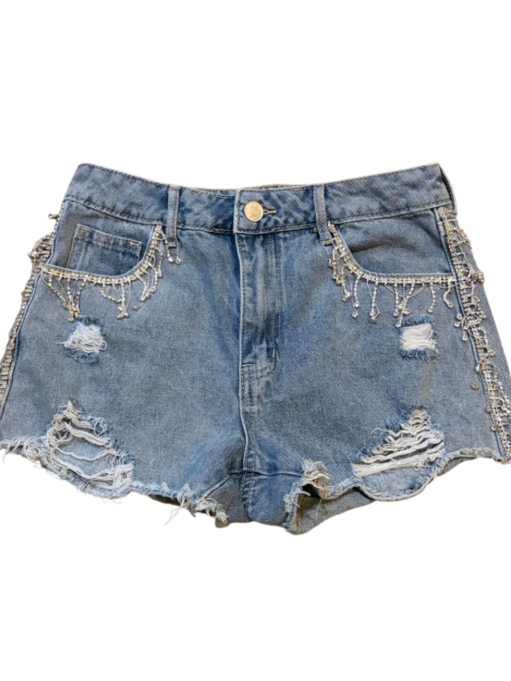 Rue 21 Women's Mid-Rise Rhinestone Fringe Denim Shorts